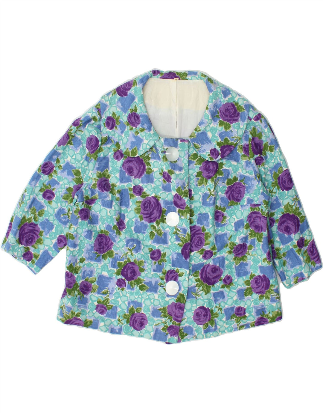 VINTAGE Womens 3/4 Sleeve 3 Button Blazer Jacket IT 44 Medium Blue Floral Vintage Vintage and Second-Hand Vintage from Messina Hembry 