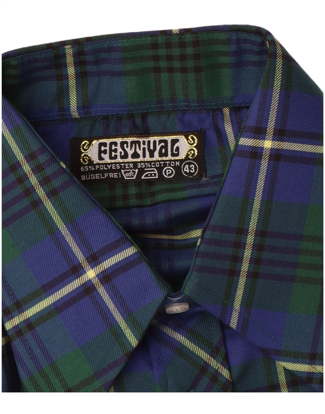 Vintage Mens Flannel Shirt Size 43 XL Blue Check Polyester