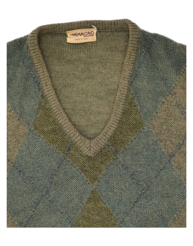 HEMMOND Mens V-Neck Jumper Sweater XL Green Argyle/Diamond Wool | Vintage Hemmond | Thrift | Second-Hand Hemmond | Used Clothing | Messina Hembry 