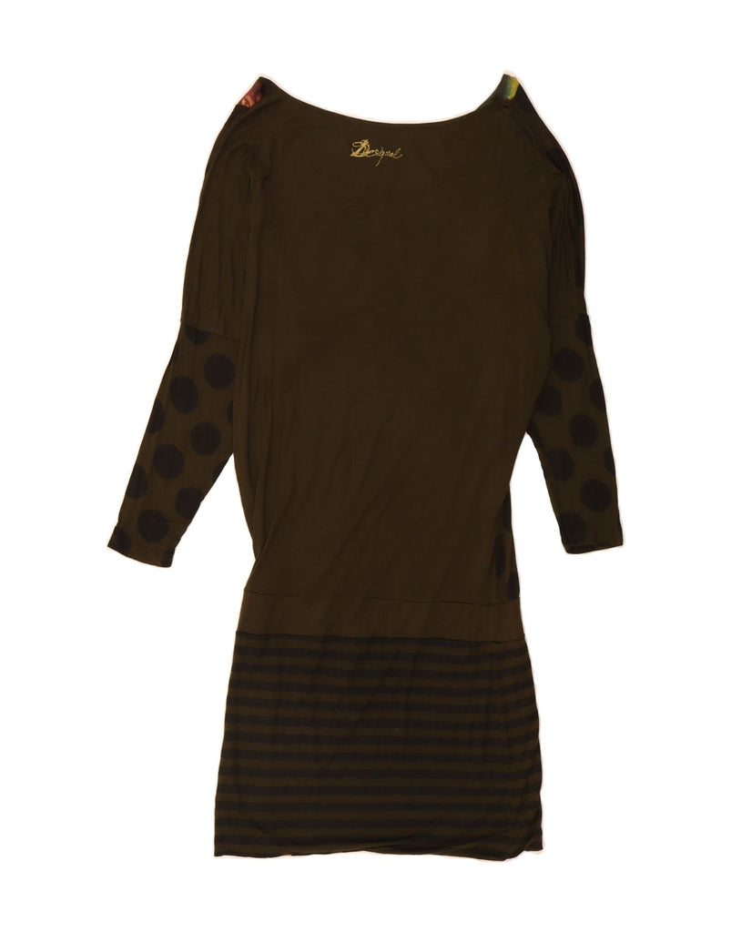 DESIGUAL Womens Graphic Drop Waist Dress UK 14 Medium Khaki Floral Vintage Desigual and Second-Hand Desigual from Messina Hembry 