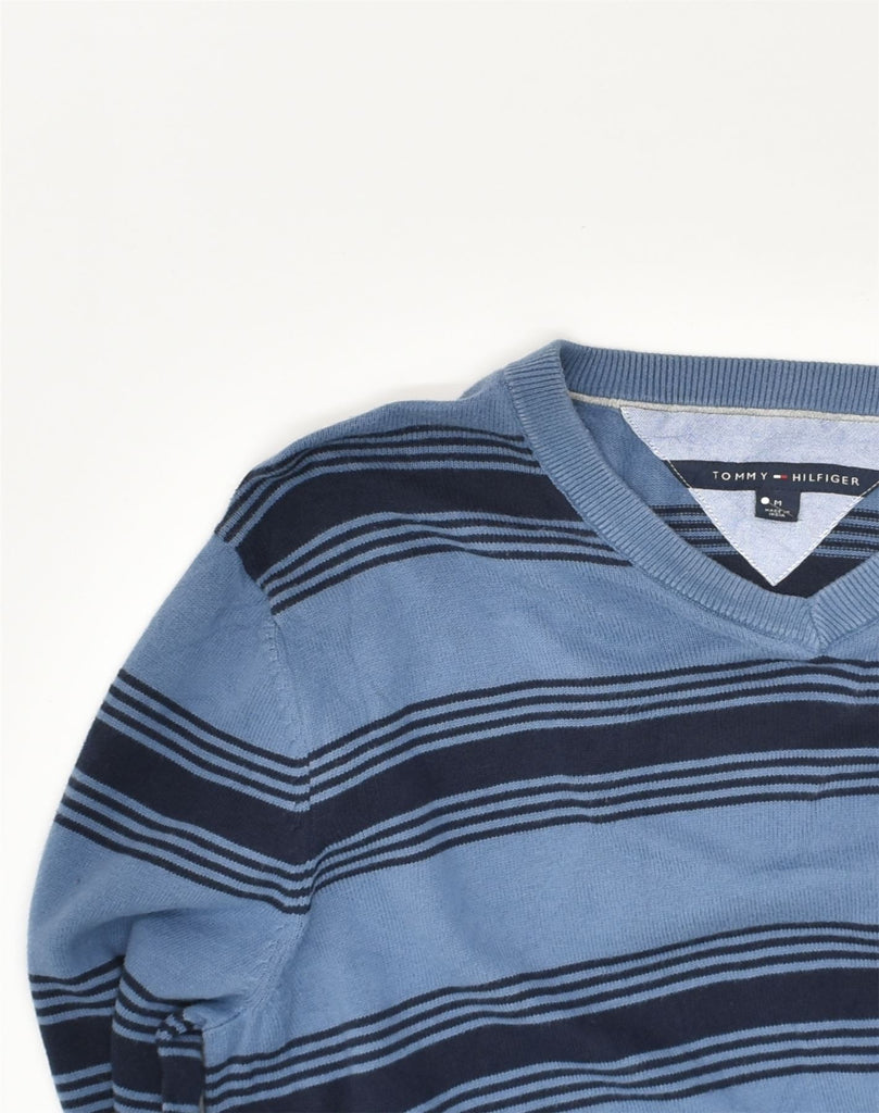 TOMMY HILFIGER Mens V-Neck Jumper Sweater Medium Blue Striped Cotton | Vintage Tommy Hilfiger | Thrift | Second-Hand Tommy Hilfiger | Used Clothing | Messina Hembry 