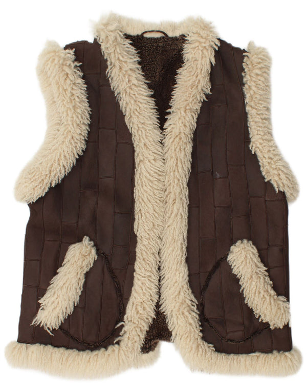 Vintage Womens Sherpa Leather Gilet EU 46 XL Brown