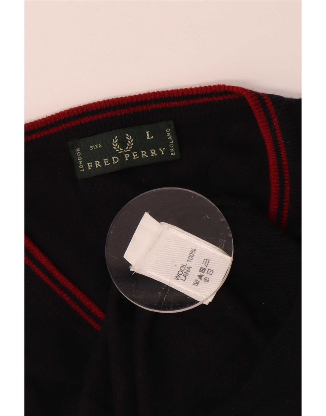 Fred Perry Mens V-Neck Jumper Sweater Large Navy Blue Wool