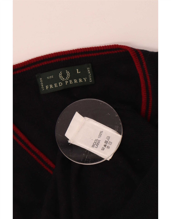 Fred Perry Mens V-Neck Jumper Sweater Large Navy Blue Wool