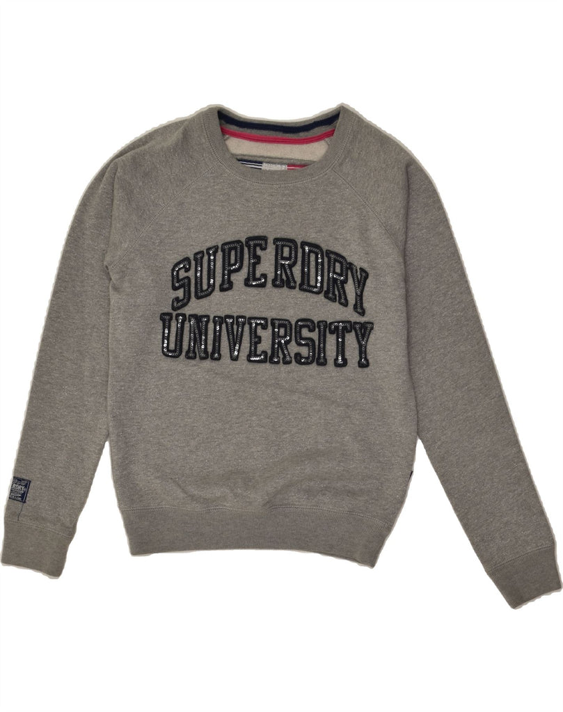 SUPERDRY Womens Graphic Sweatshirt Jumper UK 6 XS  Grey Flecked Polyester Vintage Superdry and Second-Hand Superdry from Messina Hembry 