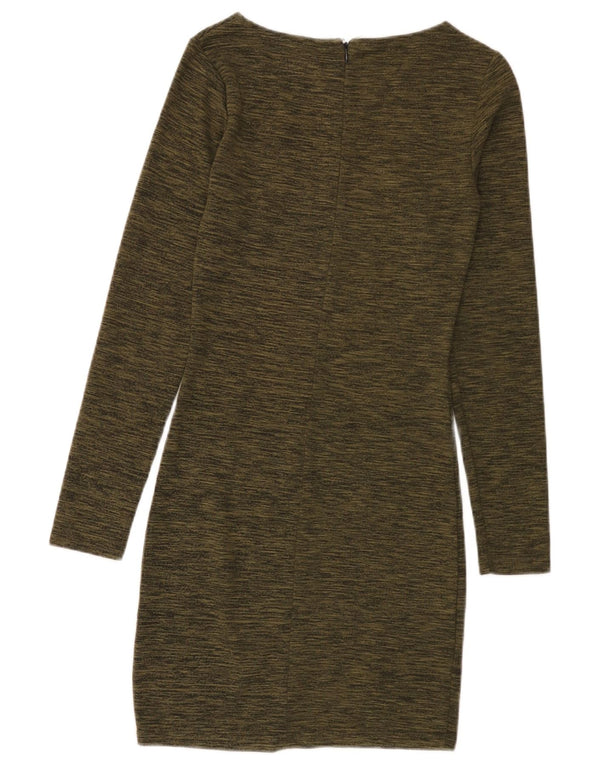 Superdry Womens Long Sleeve Sheath Dress UK 4 XS Khaki Flecked Viscose