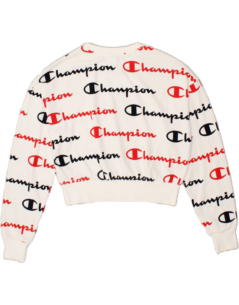 CHAMPION Womens Crop Graphic Sweatshirt Jumper UK 6 XS White Cotton | Vintage Champion | Thrift | Second-Hand Champion | Used Clothing | Messina Hembry 