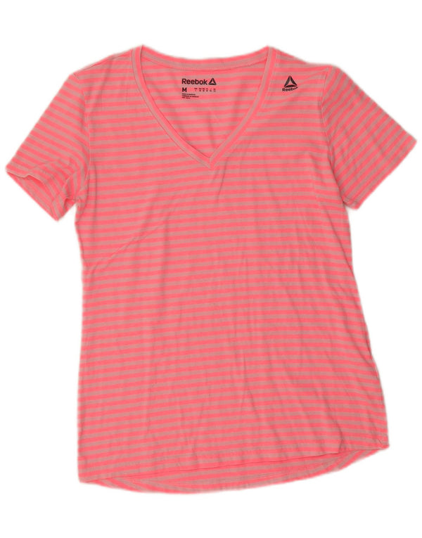 Reebok Womens T-Shirt Top UK 12 Medium  Pink Striped Polyester