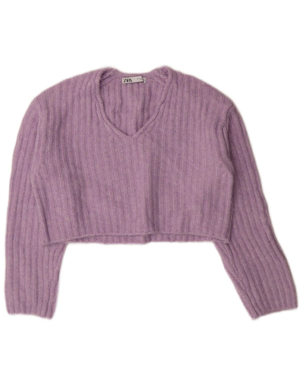 ZARA Womens Oversized Crop V-Neck Jumper Sweater UK 10 Small Purple