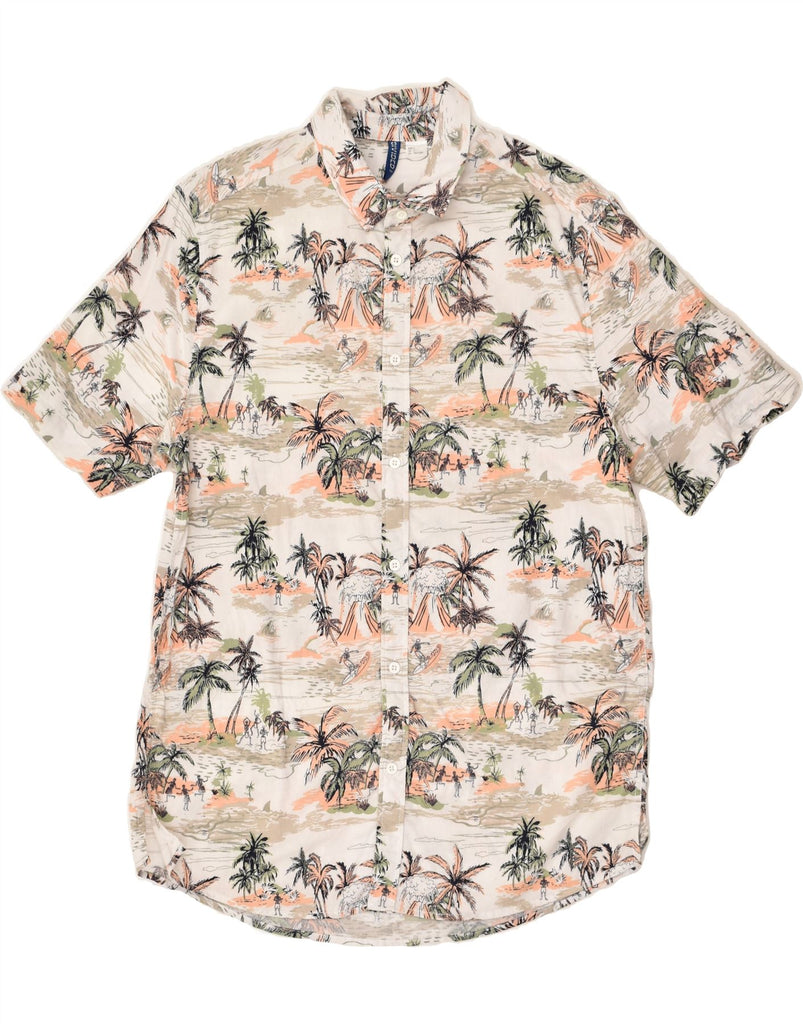 H&M Mens Short Sleeve Shirt Large Beige Cotton Hawaiian | Vintage H&M | Thrift | Second-Hand H&M | Used Clothing | Messina Hembry 