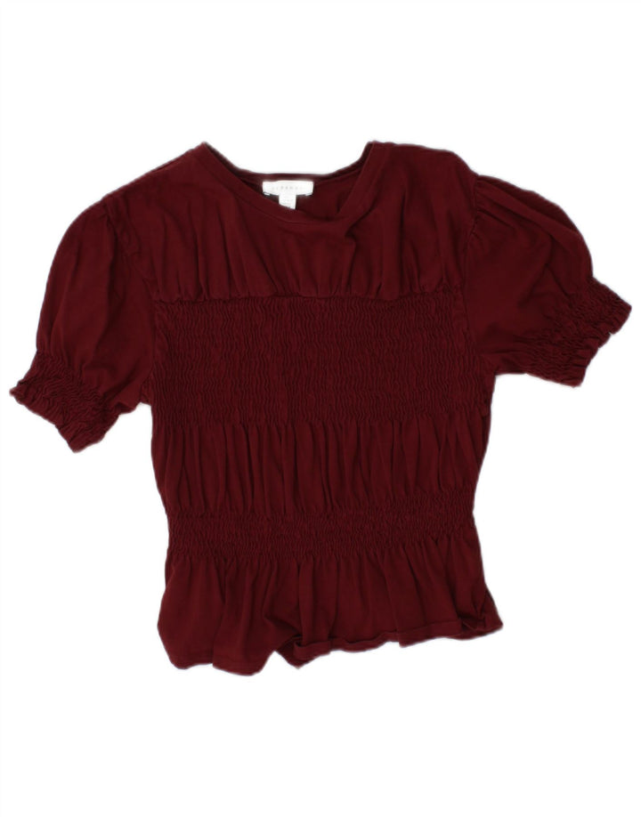 TOPSHOP Womens Crop Blouse Top UK 10 Small Burgundy Cotton
