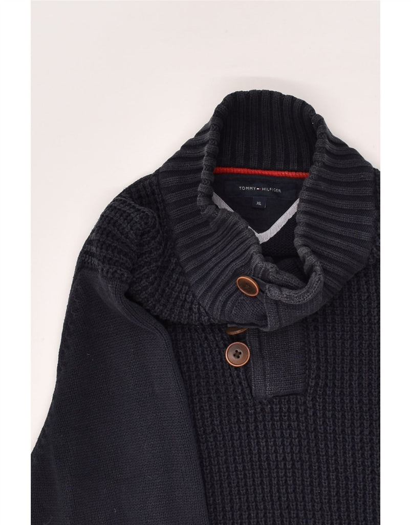 TOMMY HILFIGER Mens Button Neck Jumper Sweater XL Navy Blue Cotton | Vintage Tommy Hilfiger | Thrift | Second-Hand Tommy Hilfiger | Used Clothing | Messina Hembry 