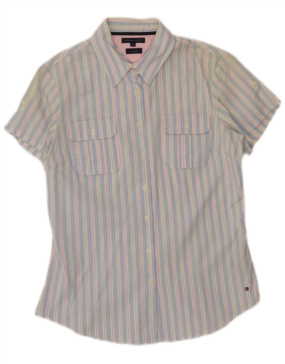 TOMMY HILFIGER Womens Short Sleeve Shirt US 6 Medium Blue Striped Cotton