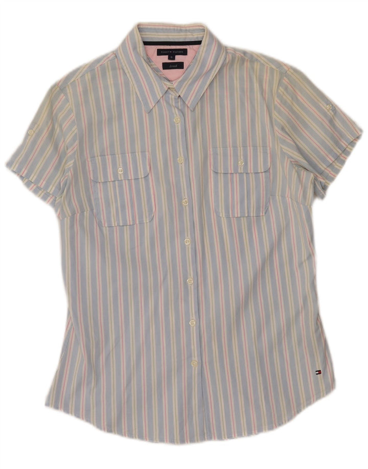 TOMMY HILFIGER Womens Short Sleeve Shirt US 6 Medium Blue Striped Cotton
