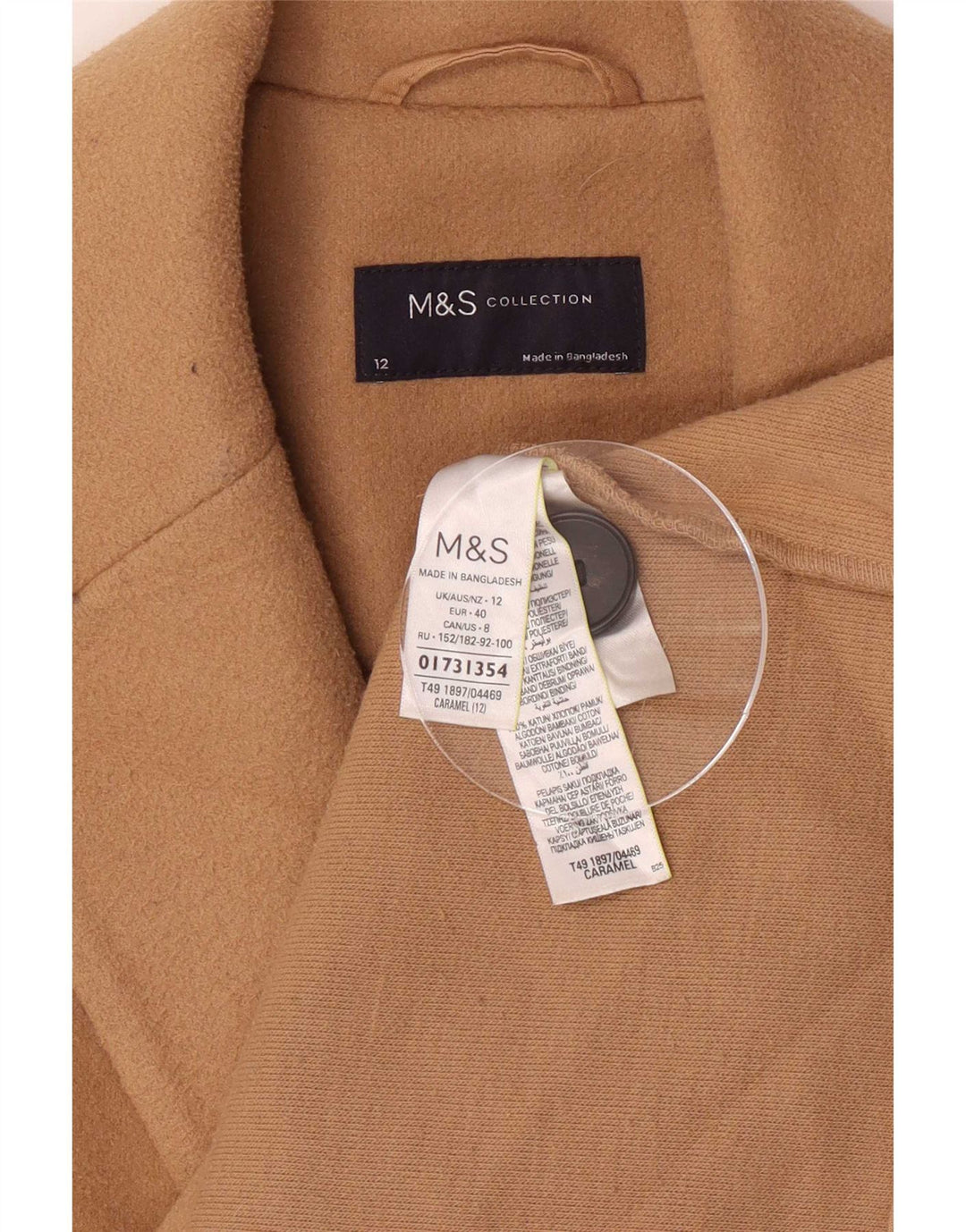 Marks & Spencer Womens Overcoat UK 12 Medium Brown Polyester