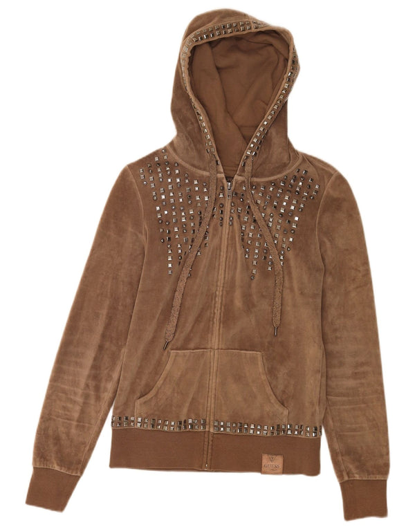 Guess Womens Velvet Zip Hoodie Sweater UK 8 Small Brown Cotton