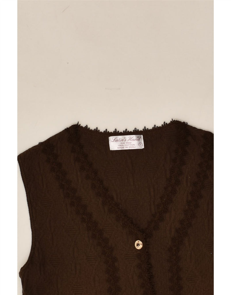 VINTAGE Womens Sleeveless Crop Cardigan Top UK 14 Large Brown Cotton | Vintage Vintage | Thrift | Second-Hand Vintage | Used Clothing | Messina Hembry 