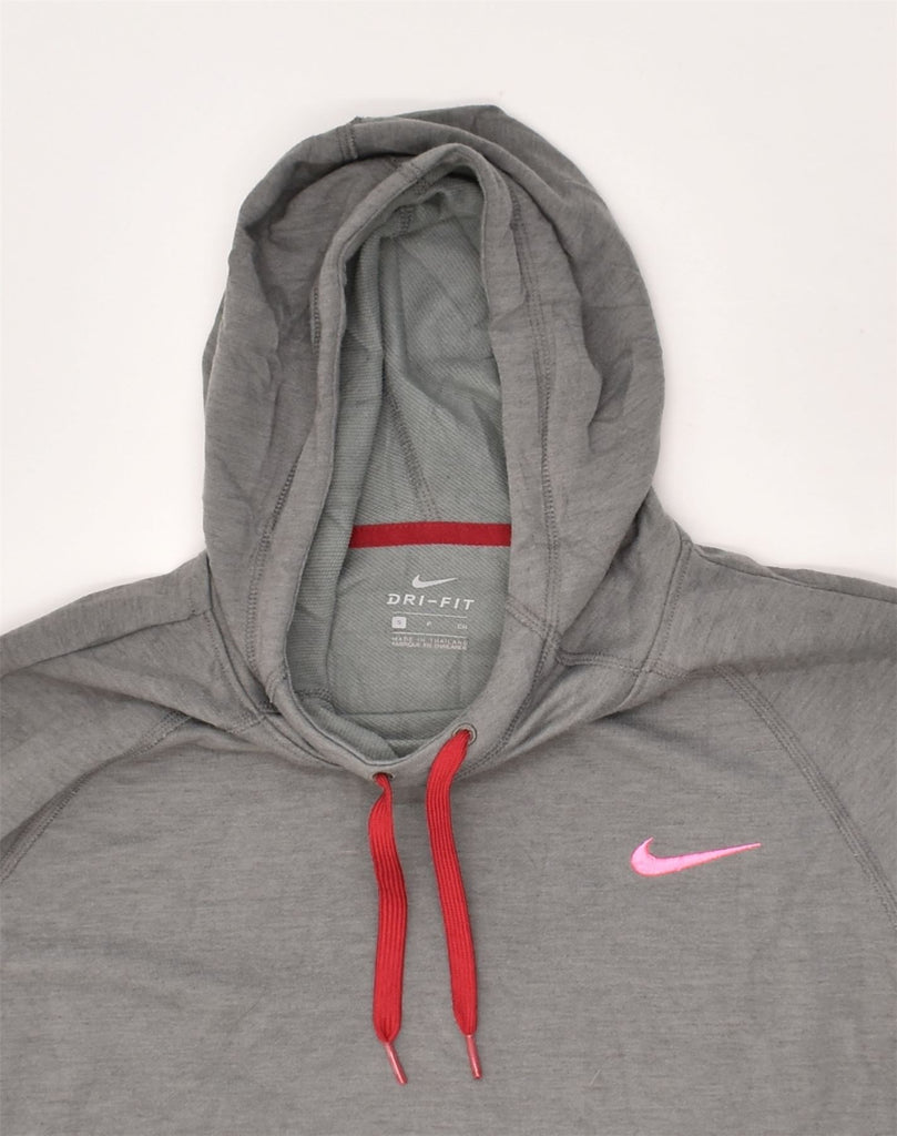 NIKE Womens Dri Fit Graphic Hoodie Jumper UK 10 Small Grey Polyester | Vintage Nike | Thrift | Second-Hand Nike | Used Clothing | Messina Hembry 