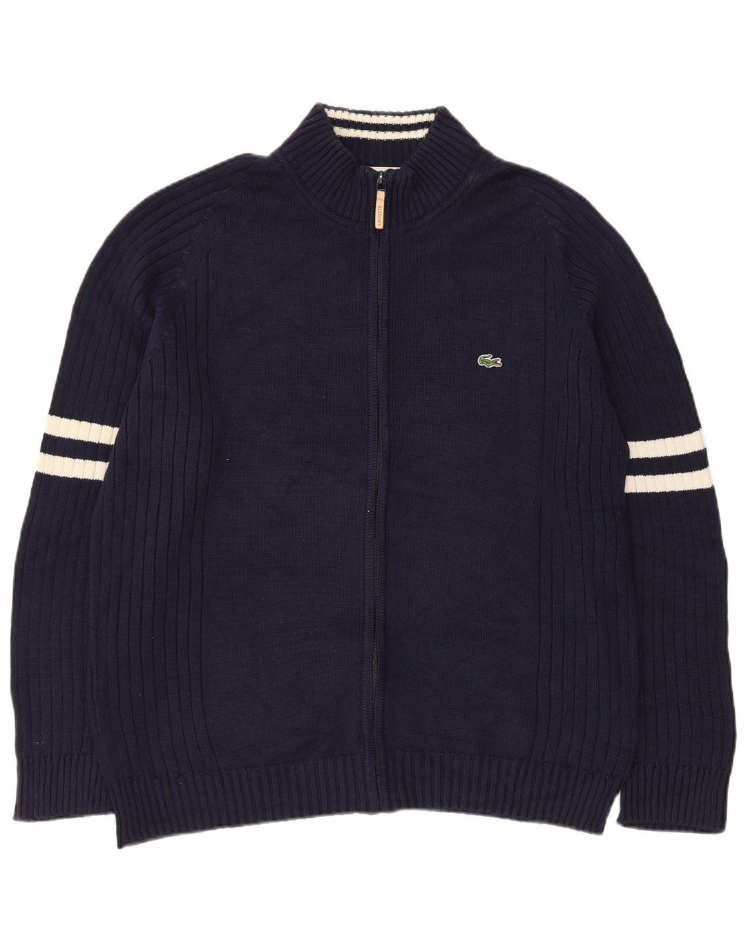 Lacoste Mens Cardigan Sweater Size 6 XL Navy Blue Striped Cotton