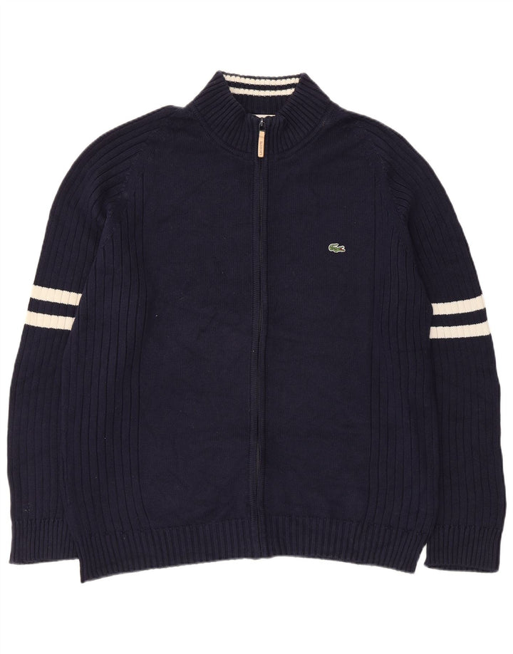 Lacoste Mens Cardigan Sweater Size 6 XL Navy Blue Striped Cotton