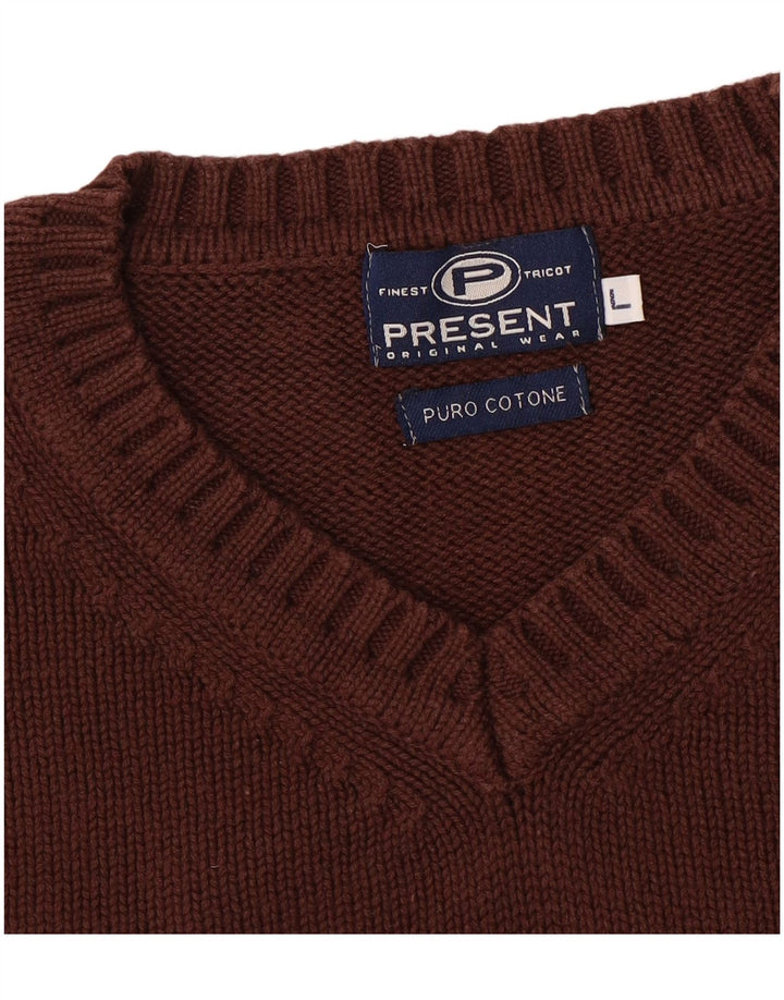 VINTAGE Mens V-Neck Jumper Sweater Large Brown Cotton