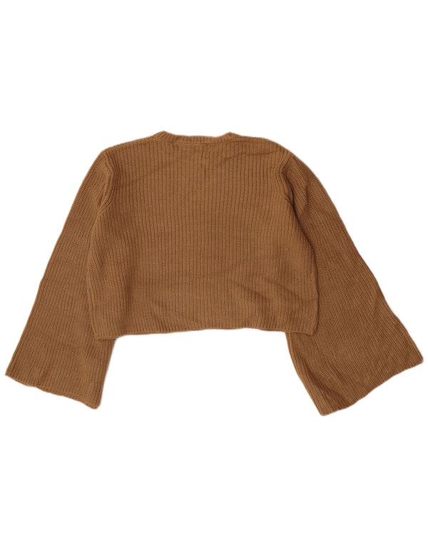 Zara Womens Crop Crew Neck Jumper Sweater UK 14 Medium Beige Acrylic