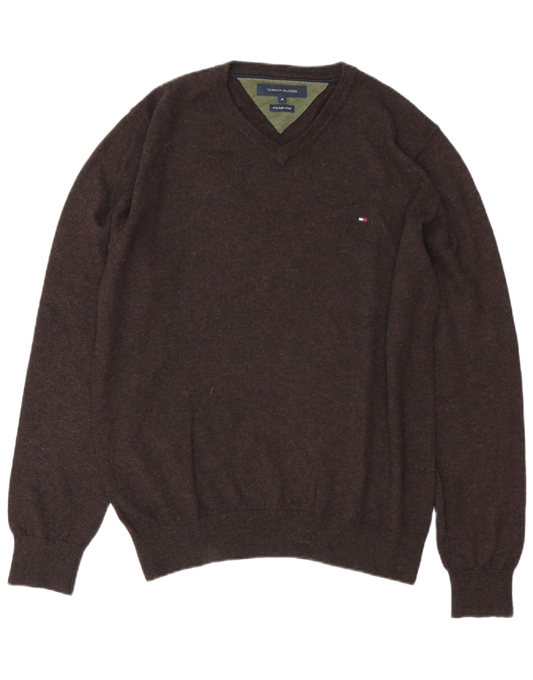 Tommy Hilfiger Mens V-Neck Jumper Sweater Medium Brown Wool