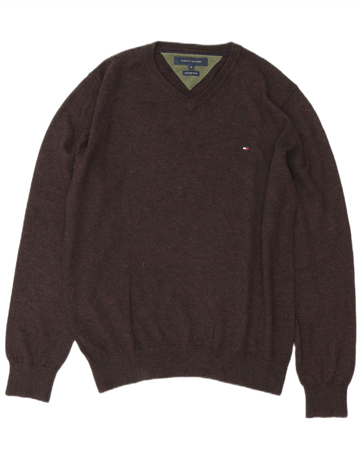 Tommy Hilfiger Mens V-Neck Jumper Sweater Medium Brown Wool