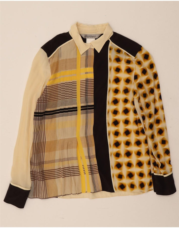 Sportmax Womens Shirt Blouse UK 12 Medium Beige Geometric Silk