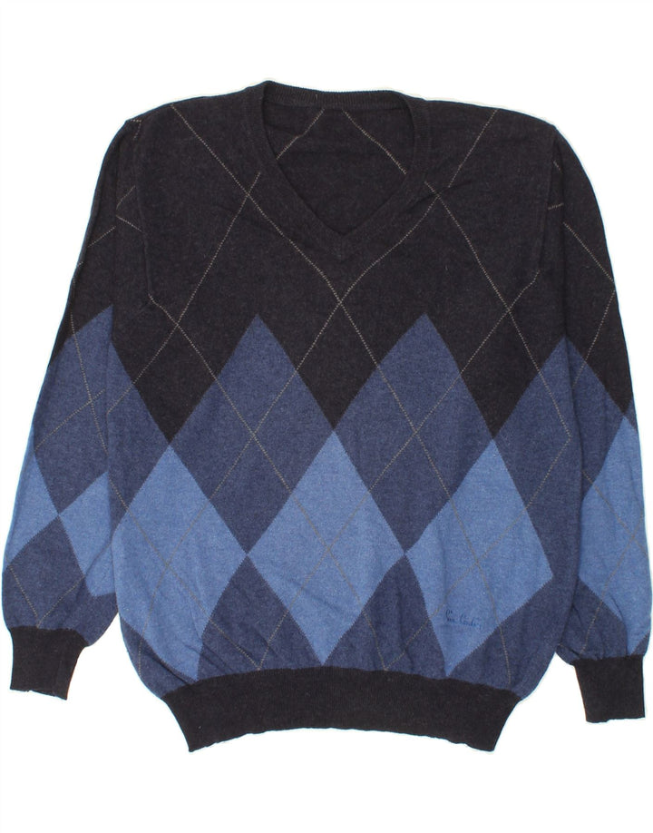 VINTAGE Mens V-Neck Jumper Sweater IT 52 Large Navy Blue Argyle/Diamond