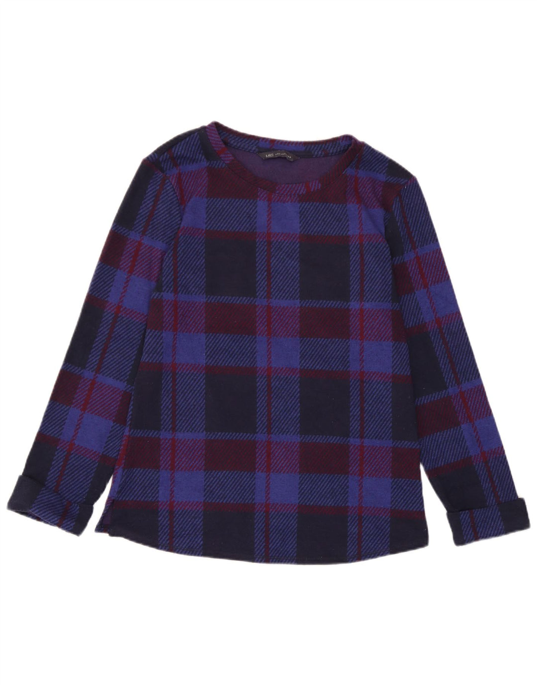 Marks & Spencer Womens Top Long Sleeve UK 6 XS Navy Blue Check Polyester