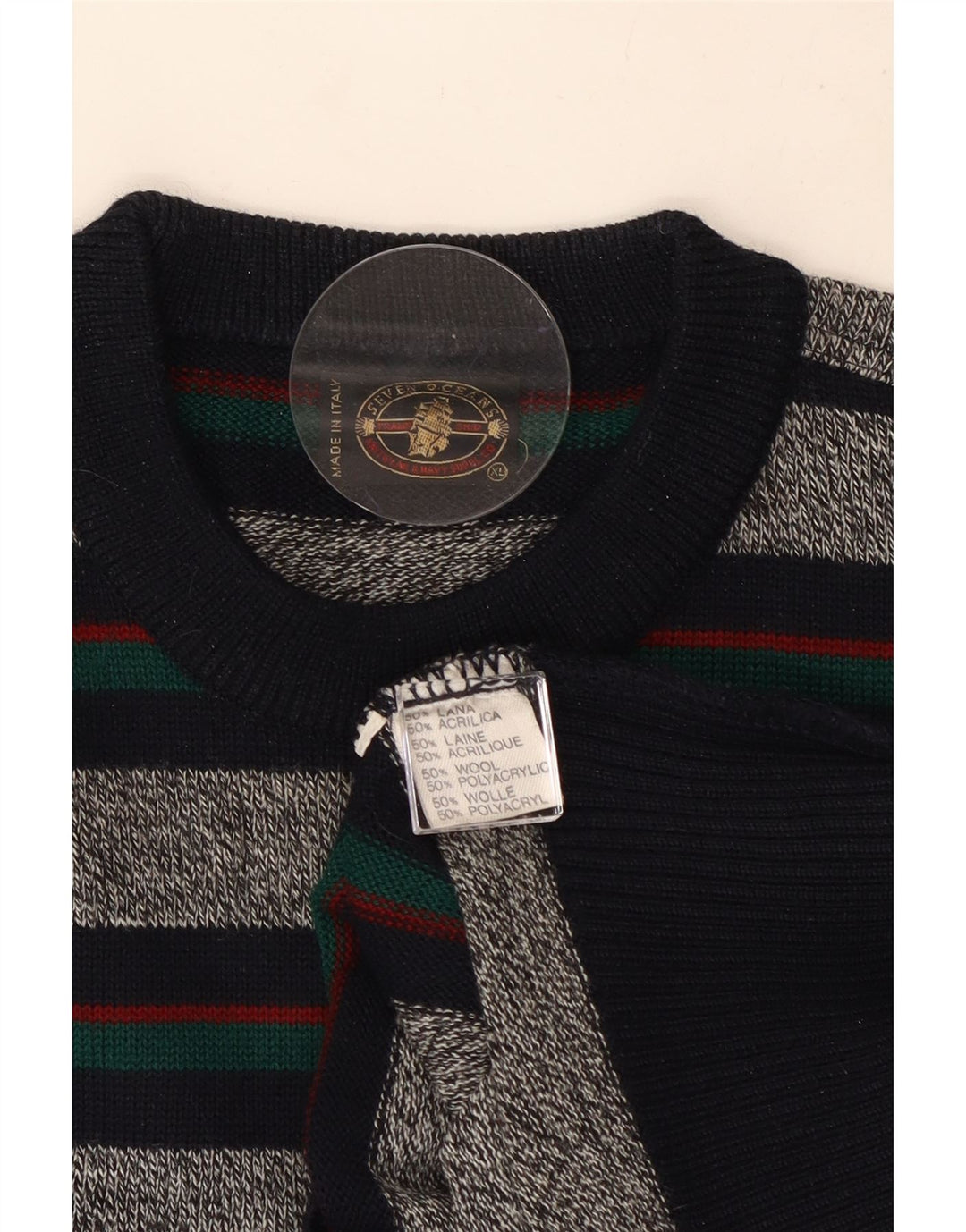 Vintage Mens Crew Neck Jumper Sweater XL Grey Striped Wool