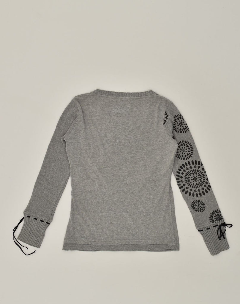 DESIGUAL Womens Graphic V-Neck Jumper Sweater UK 12 Medium Grey Geometric | Vintage Desigual | Thrift | Second-Hand Desigual | Used Clothing | Messina Hembry 