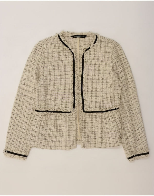 Zara Womens Open Blazer Jacket UK 10 Small Beige Check Polyester