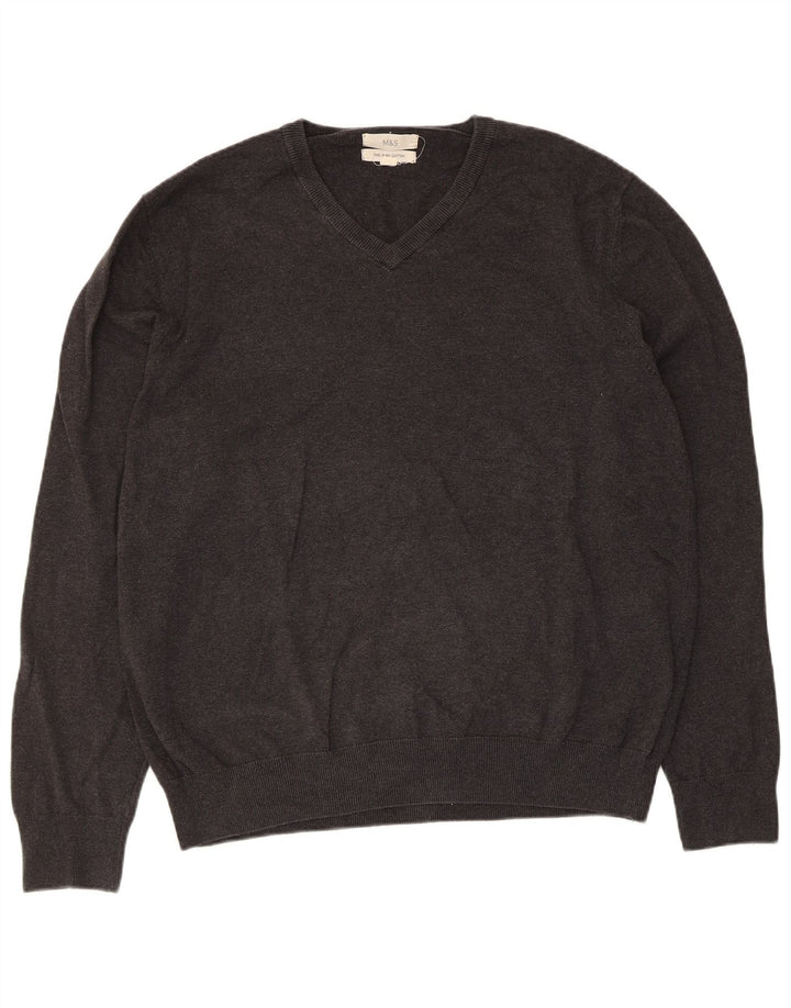 Marks & Spencer Mens V-Neck Jumper Sweater XL Grey Cotton