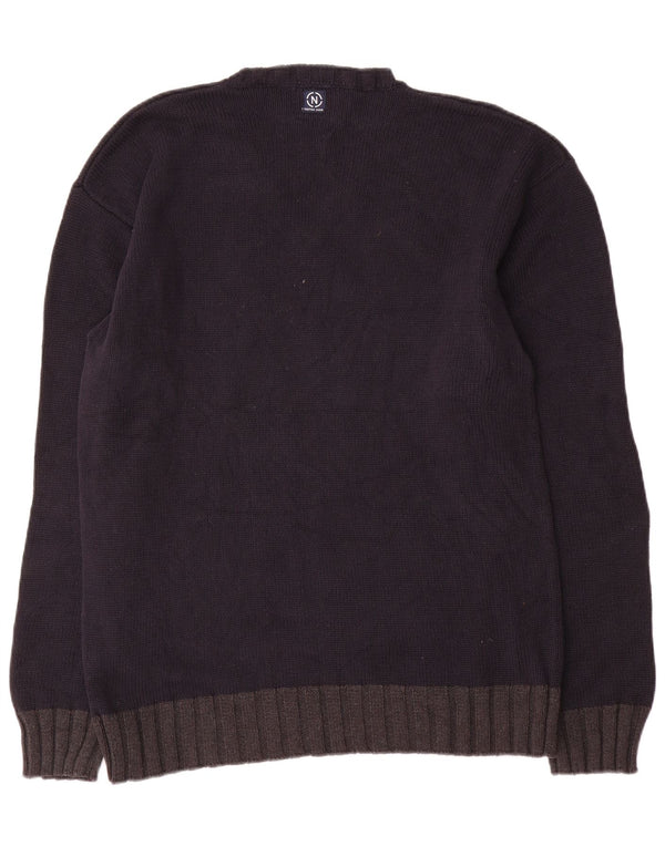 Nautica Mens V-Neck Jumper Sweater Large Navy Blue Colourblock Cotton