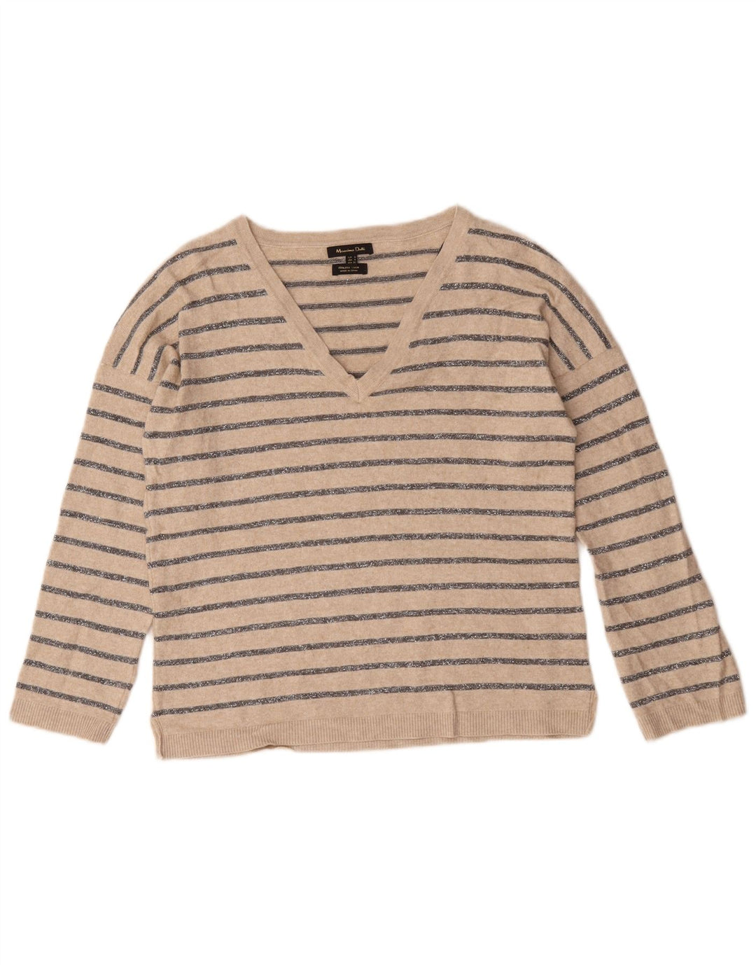 Massimo Dutti Womens V-Neck Jumper Sweater UK 10 Small Beige Striped