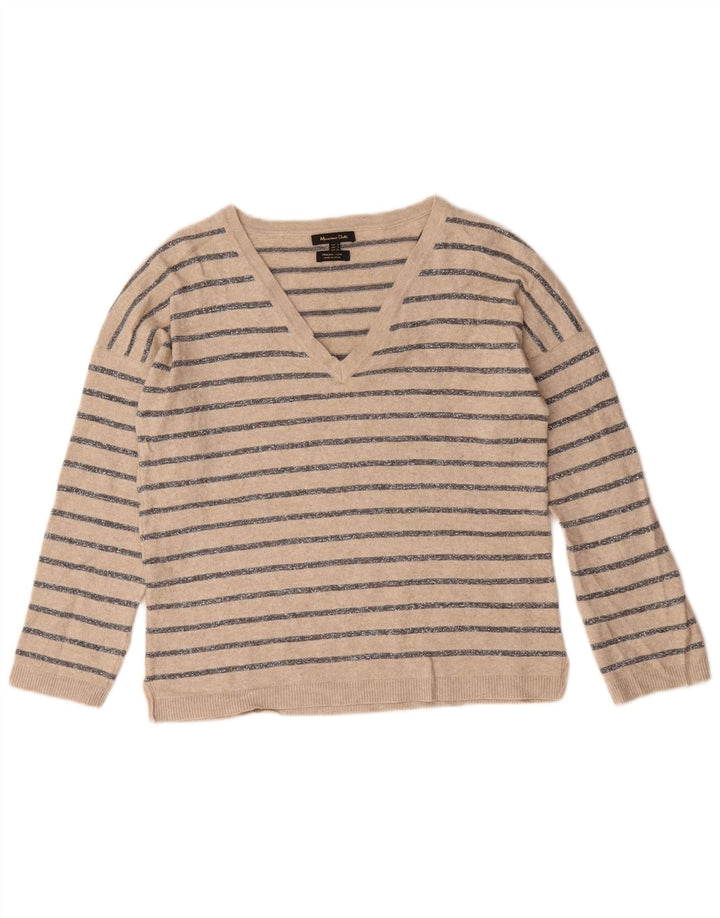 Massimo Dutti Womens V-Neck Jumper Sweater UK 10 Small Beige Striped