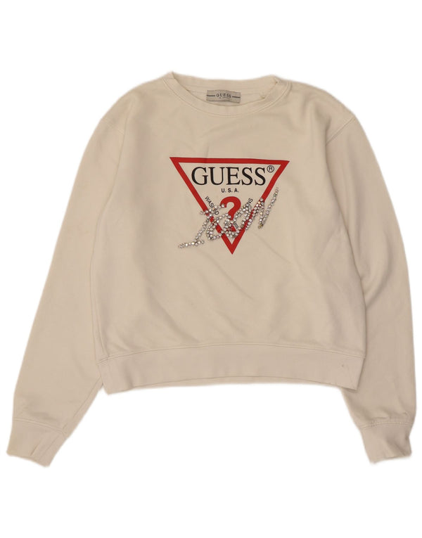 Guess Womens Crop Graphic Sweatshirt Jumper UK 10 Small Off White Polyamide