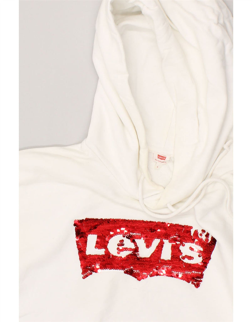 LEVI'S Womens Crop Graphic Hoodie Jumper UK 14 Medium White Cotton | Vintage Levi's | Thrift | Second-Hand Levi's | Used Clothing | Messina Hembry 