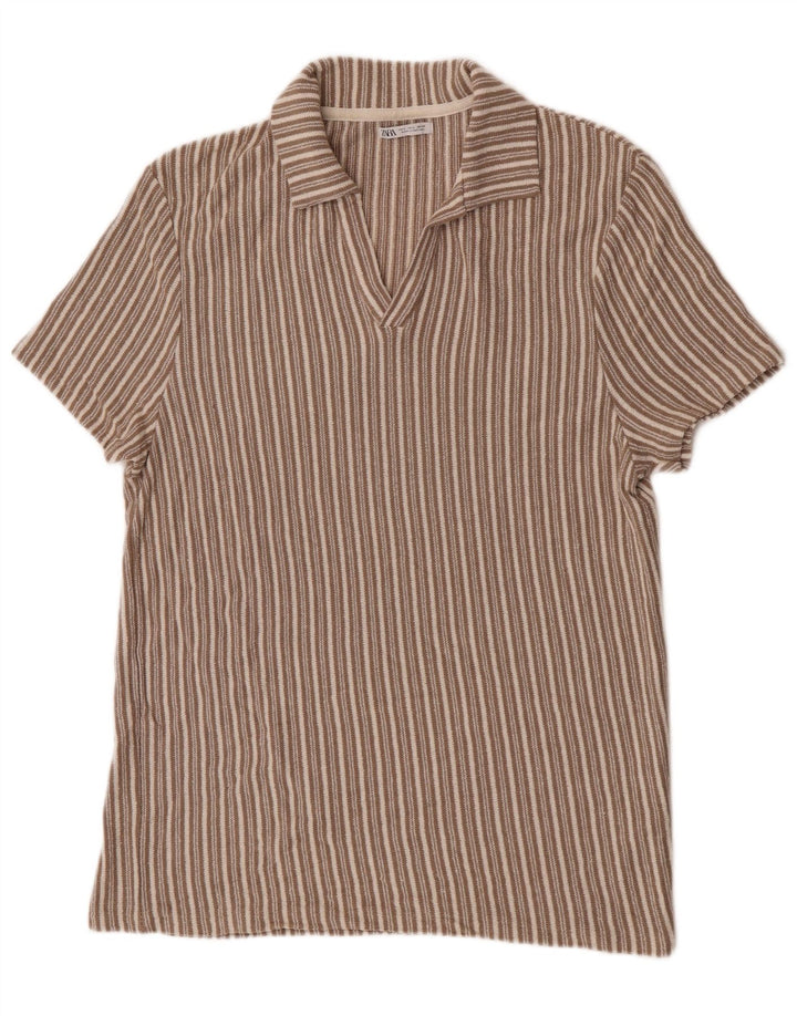 Zara Mens Polo Shirt Large Beige Striped Cotton