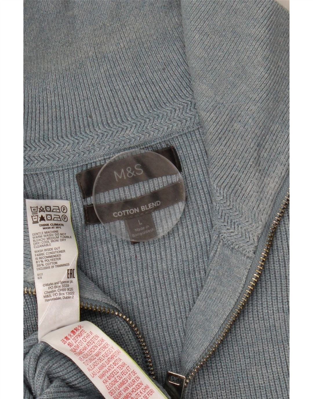 Marks & Spencer Mens Zip Neck Jumper Sweater Large Blue Polyester