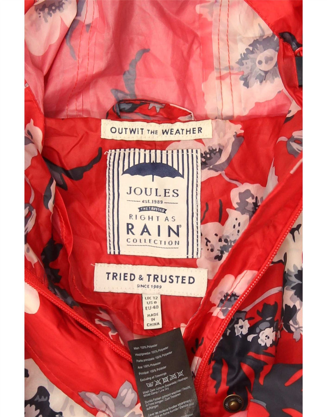 Joules Womens Hooded Raincoat UK 12 Medium Red Floral Polyester