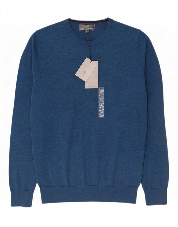 Marks & Spencer Mens Crew Neck Jumper Sweater Medium Blue Merino Wool