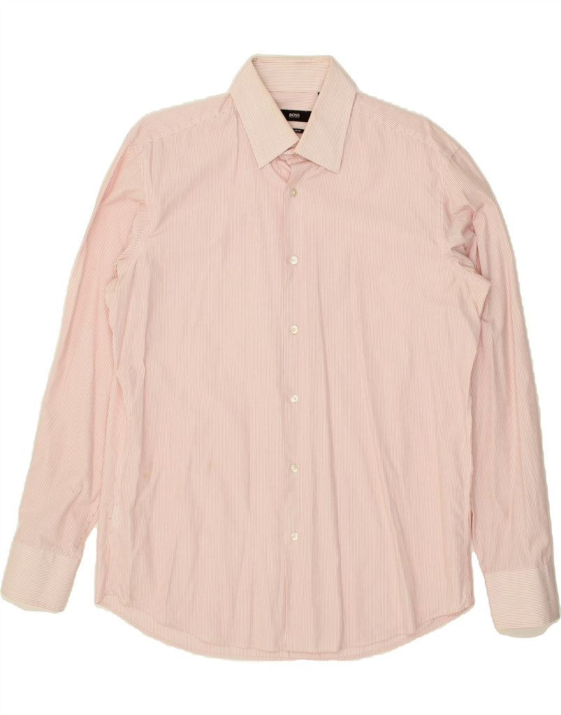 HUGO BOSS Mens Regular Fit Shirt Size 41 16 Large Pink Pinstripe Cotton Vintage Hugo Boss and Second-Hand Hugo Boss from Messina Hembry 