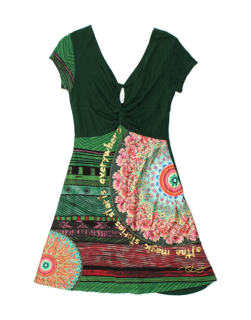 DESIGUAL Womens A-Line Dress UK 12 Medium Green Floral Cotton | Vintage Desigual | Thrift | Second-Hand Desigual | Used Clothing | Messina Hembry 