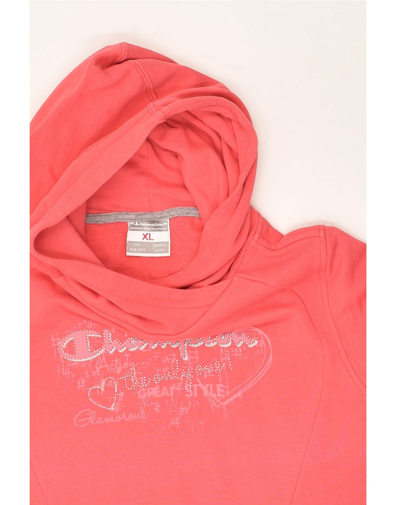 CHAMPION Girls Graphic Hoodie Jumper 13-14 Years XL Pink Cotton | Vintage Champion | Thrift | Second-Hand Champion | Used Clothing | Messina Hembry 