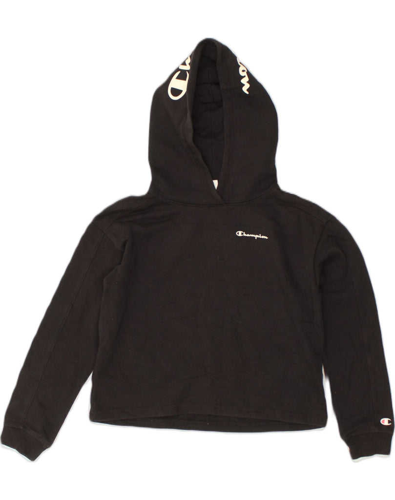 CHAMPION Girls Graphic Hoodie Jumper 9-10 Years Medium Black Cotton | Vintage Champion | Thrift | Second-Hand Champion | Used Clothing | Messina Hembry 