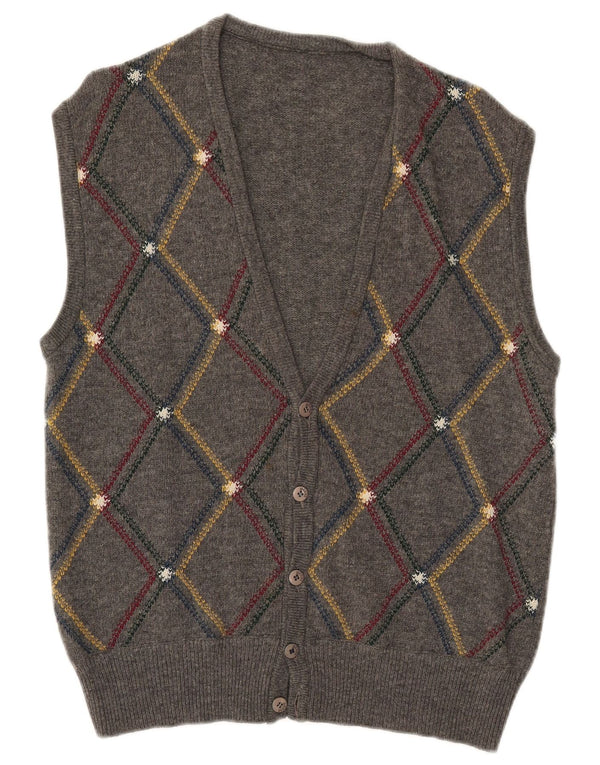 VINTAGE Mens Sleeveless Cardigan Sweater Large Grey Argyle/Diamond