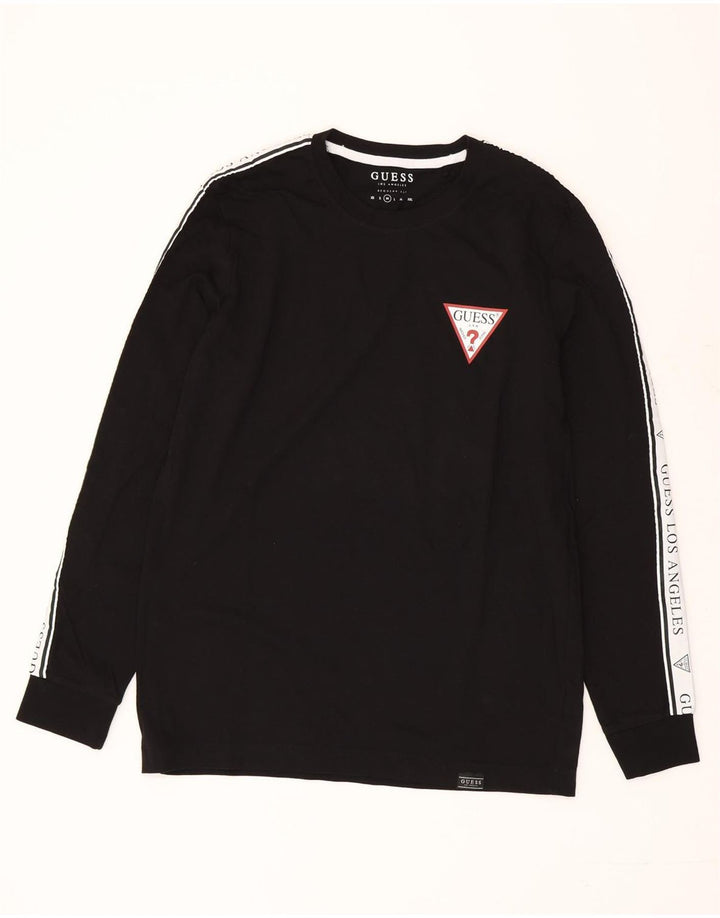 GUESS Mens Graphic Top Long Sleeve Medium Black Colourblock Cotton